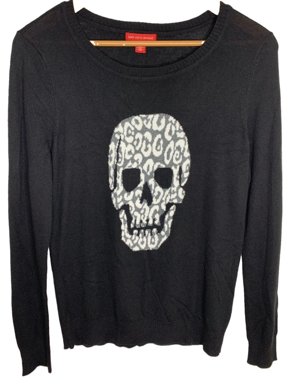 Saks Fifth Avenue Leopard Skull Black Sweater Goth Size Large Whimsigoth Hallow